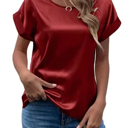 Women Summer Satin Silk Shirts Elegant Loose Office Lady V Neck Short Sleeve Tops Solid Commuter Blouses Rose Gold Green T Shirt