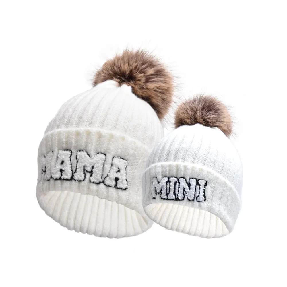 Winter Baby Boy Girl Letter Mini Knitted Hat Children Pompom Caps Mother Baby Hat