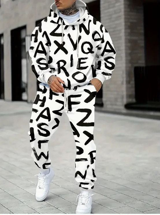 

Men's Trendy Hoodie and Sweatpants Autumn and Winter Warm Set - Geometric Pattern Casual Streetwear with A Fashionable Loose Fit