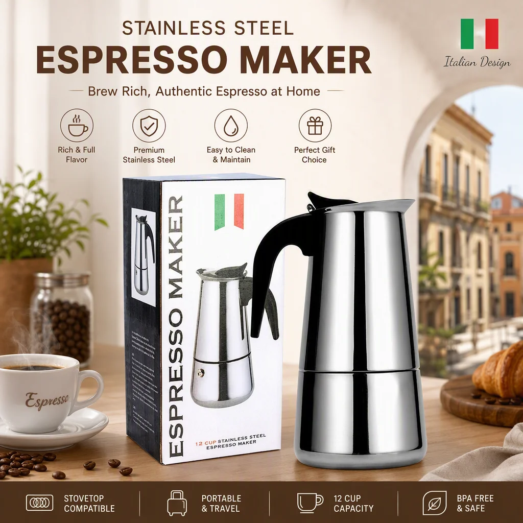 Portable Moka Pot, Stainless Steel Stovetop Espresso Maker for Gas, Induction and Electric Hob, Italian Coffee Pot for Home