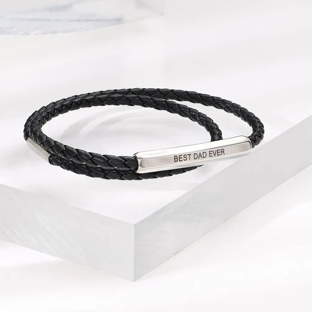 Double Leather Bracelet for Men Custom Stainless Steel Bar Tube Bangle with Magnet Jewelry for Men Personalization Names Gifts view 5