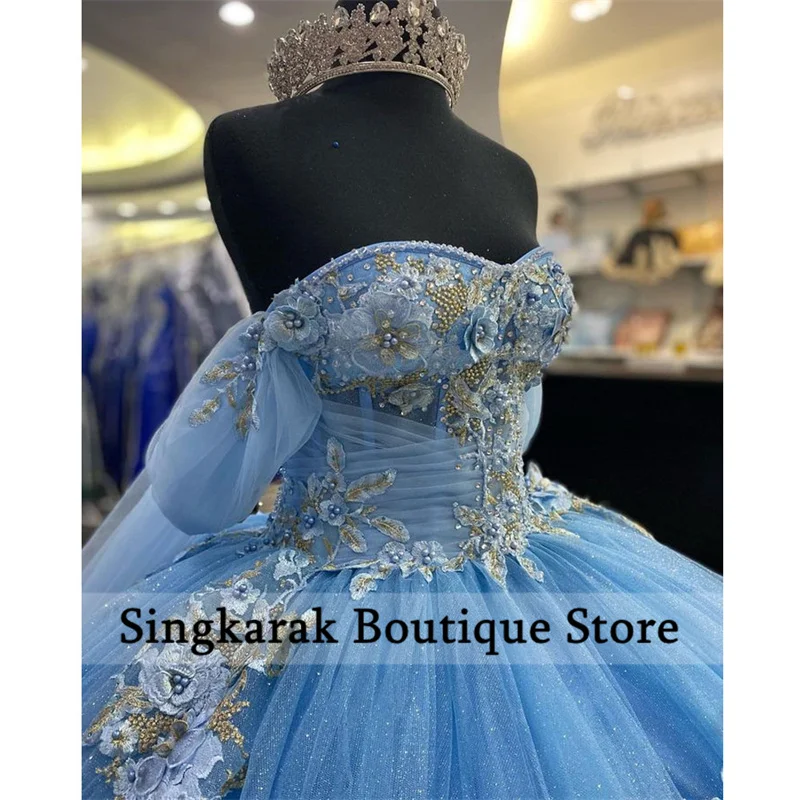 Sky Blue Stunning Princess Sweet 16 Quinceanera Dresses Flower Applique Pearls Crystals Ball Gown Vestido De 15 Anos  Customized