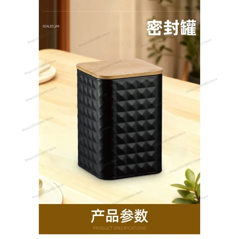 For Square Metal Pattern Sealed Jar Coffee Beans Tea Sugar Food Storage Box Bamboo Lid Metal Jar 6