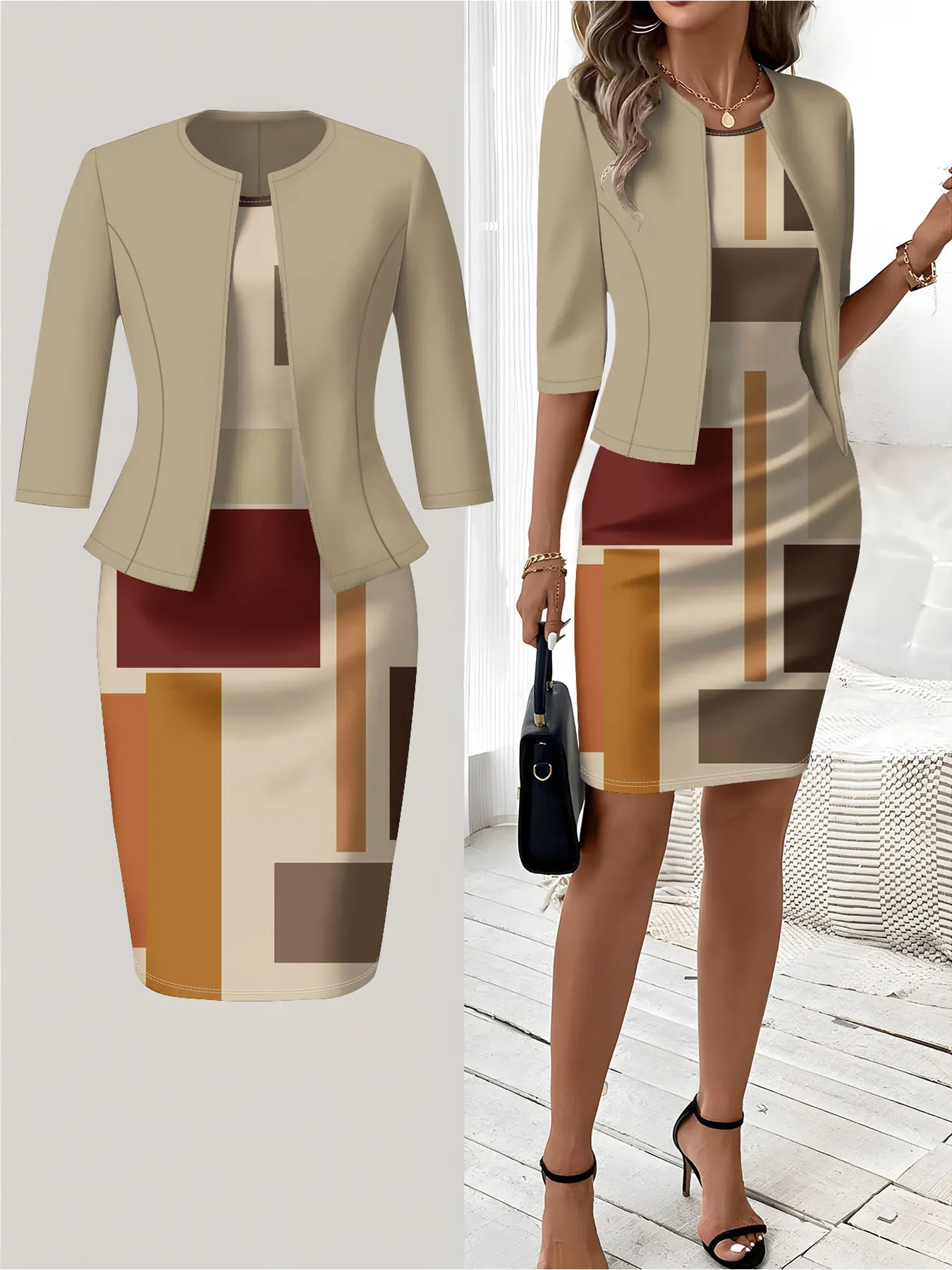 Women 2 Piece Outfit Color Block Geometric Print Sleeveless Bodycon Midi Dress  3/4 Sleeve Open Front Jacket Set Office Party M