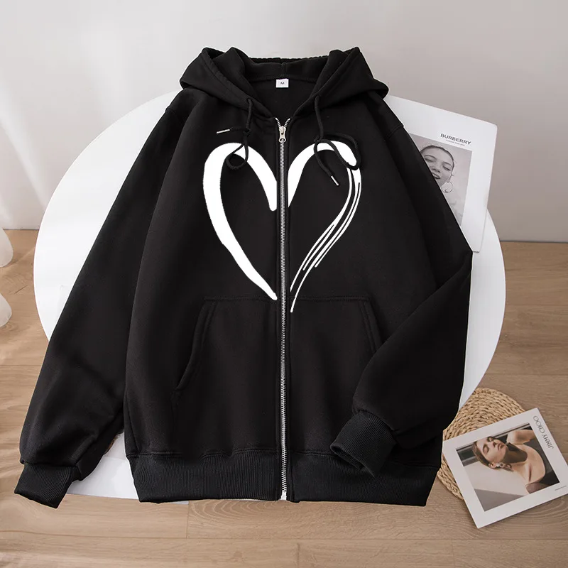 Cross border love women's hoodie peach heart autumn and winter fleece oversized hoodie zip up hooded sweatshirt