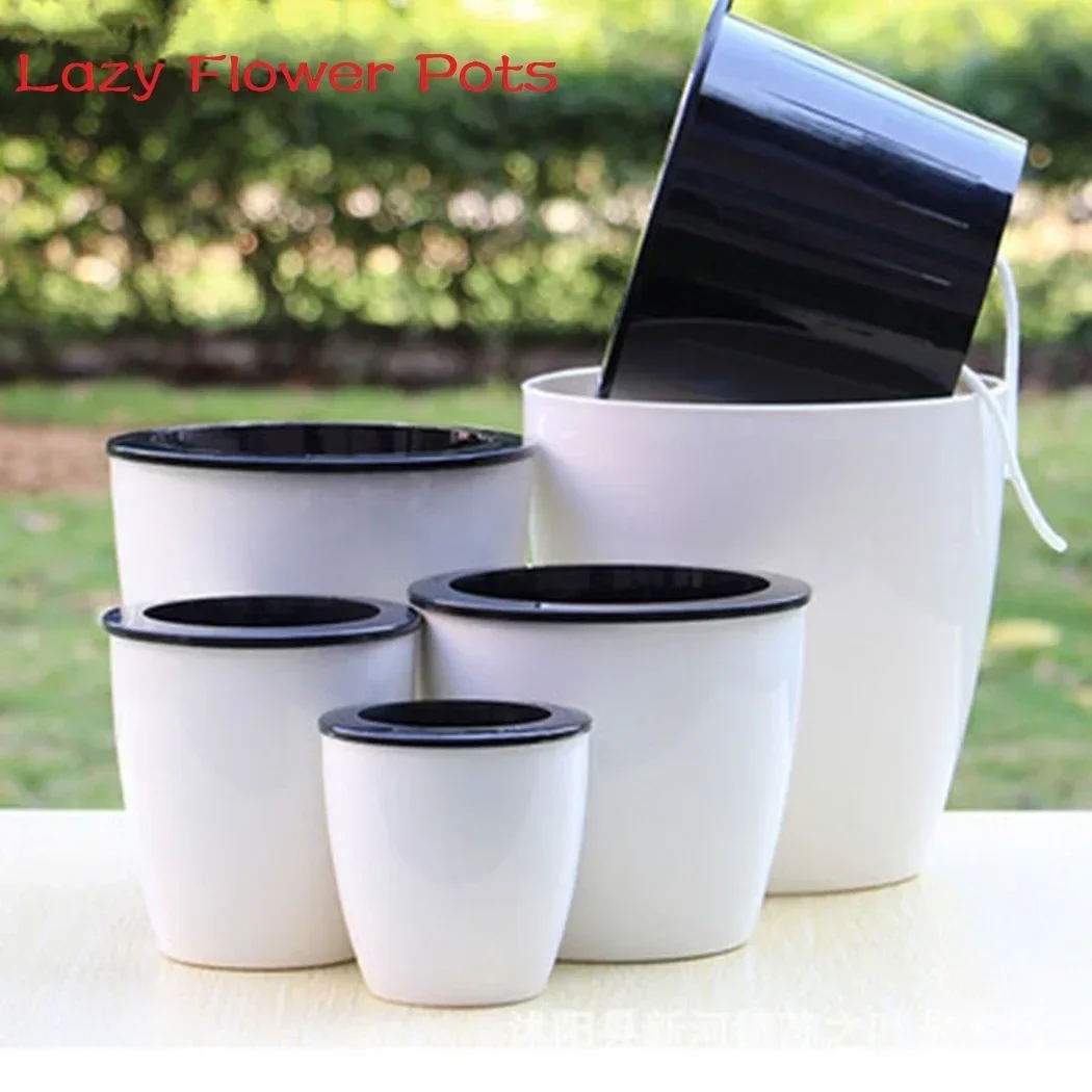 6 Size Lazy Flower-Pots Outer And Inner Pot Imitation Porcelain Series Garden Plastic Self Watering Flowerpot With Cotton-Rope