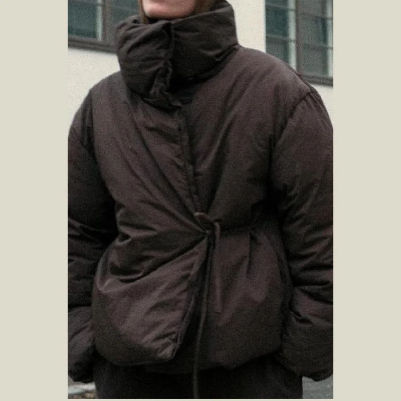 

Winter Warm Puffy Women's Down Jacket Thicken High Collar Lace Up Cotton Padded Coats Single Breasted Outwear 2025 New Lady Coat