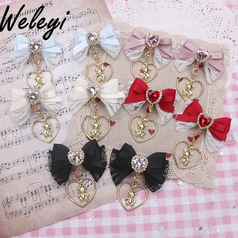 

Japanese South Korea Sweet Hair Accessories Woman Handmade Cute Lace Bear Love Pendant Bow Small Pair Clips Hairpin Edge Clip