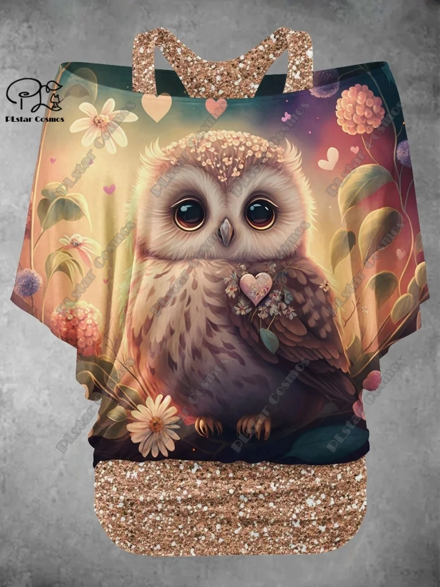 

PLstar Cosmos 3D Printed Cute Owl Pattern Fake Two-Piece Top Women's Casual T-Shirt Harajuku Streetwear Collection