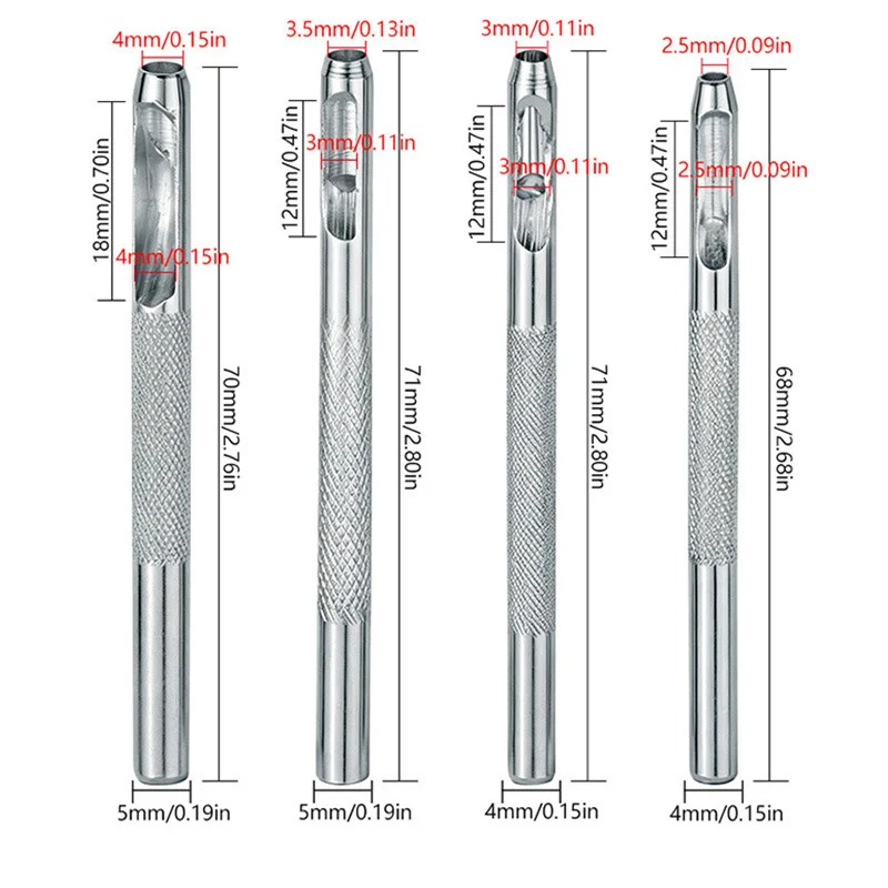 4pcs Leather Hole Punch Set, 2.5mm/3mm/3.5mm/4mm Hollow Round Punch Tool with Anti-Slip Grip for Belts, Leather Craft