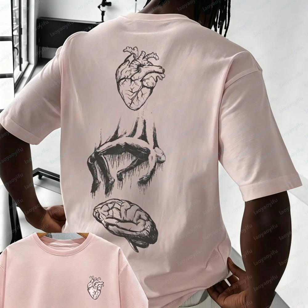 Men's Short Sleeve T-shirt Printed with Brain and Heart Designs Casual and Modern Summer Outdoor Clothing Ideal for Holidays Top