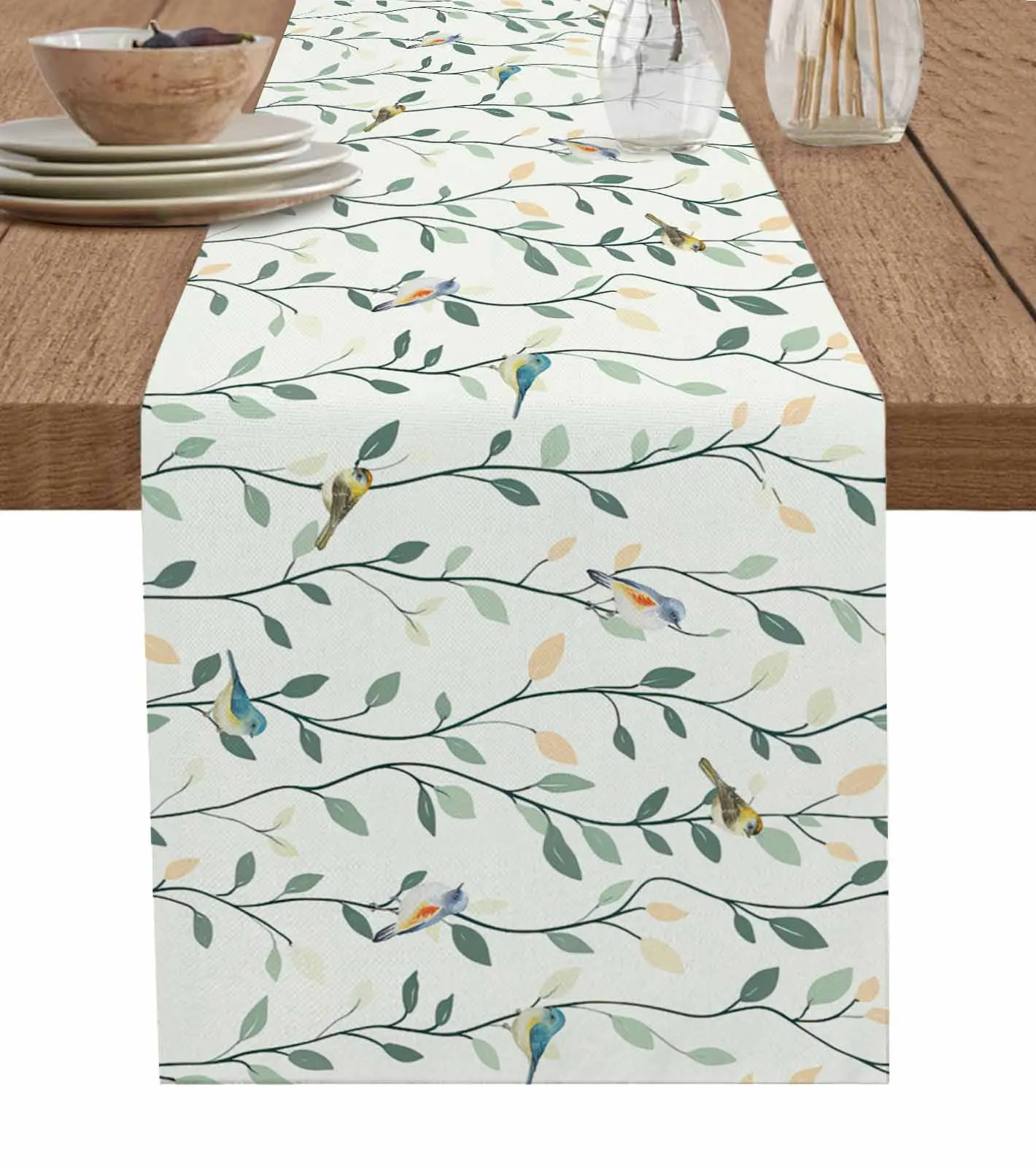 Branches Leaves Birds Watercolor Table Runner Wedding Dining Table Decoration Table Runner Kitchen Dining Tablecloth