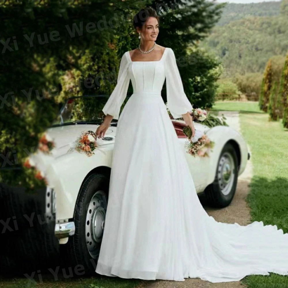 2025 Simple A Line Women's Wedding Dresses Graceful Square Collar Bride Gowns Long Sleeve Backless Customized Vestidos De Noiva