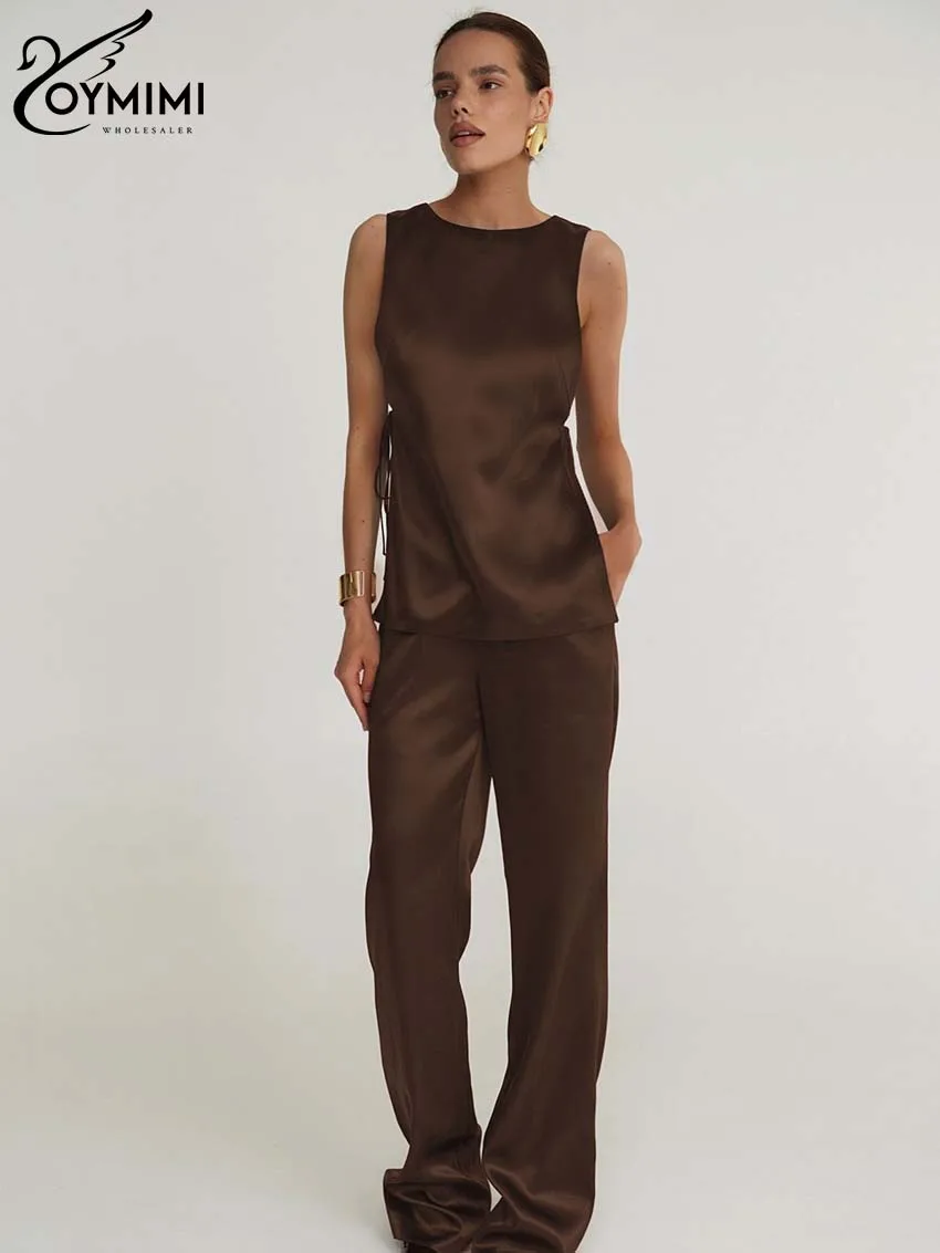 

Oymimi Elegant Brown Women's Two Pieces Set Casual Simple O-Neck Sleeveless Blouses And Pockets Straight Full Length Pants Sets