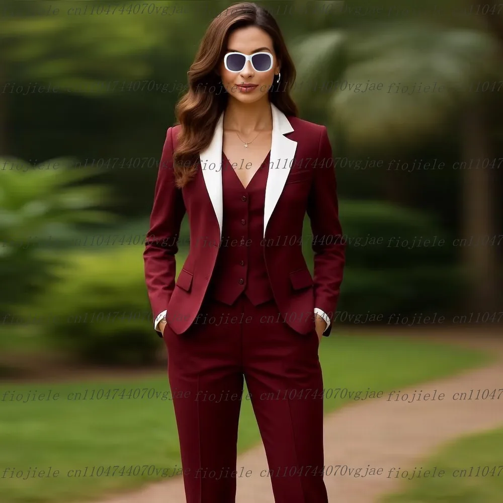 

Burgundy White Formal Business Women Suit Wedding Party Prom Ladies Mother Girl Tuxedos Costume 3 Piece Set Blazer Vest Pants