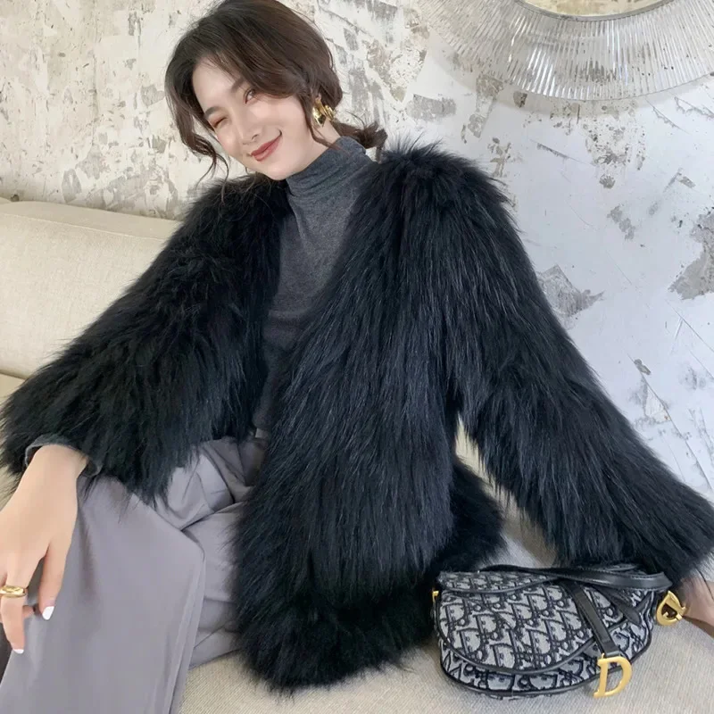 

Woven Double-sided Fur Jacket Women High-end Raccoon Dog V-neck Elegant Warm Autumn Winter Real Coat manteau femme