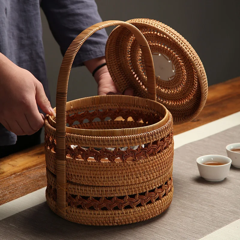 Handwoven Rattan Storage Basket Double-deck Portable Trays Picnic Basket Cake Bread Plate Fruit Lunch Box Dessert Food Container