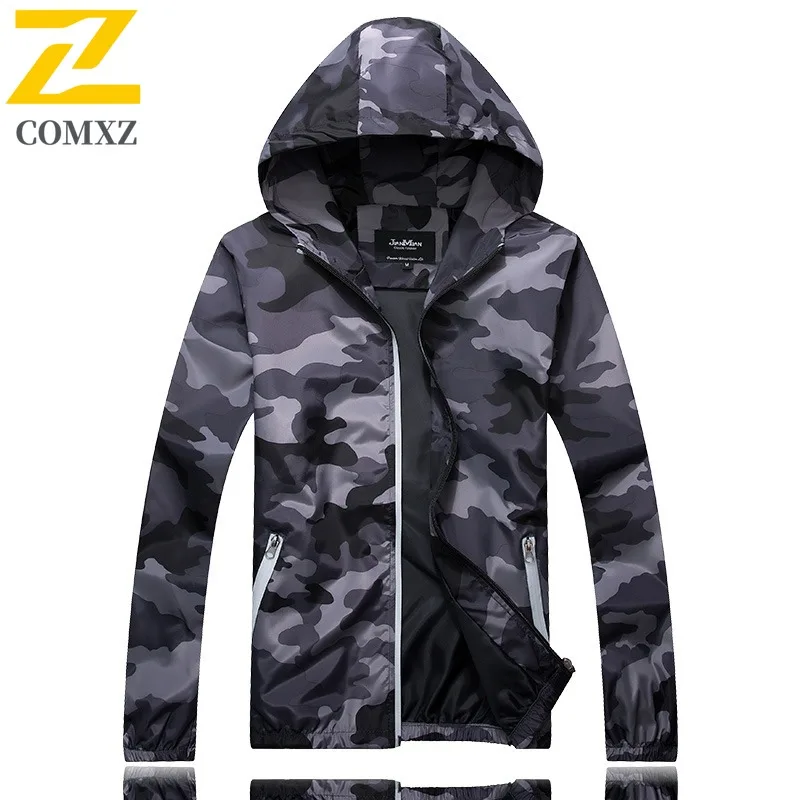 COMXZ 2025 Camouflage Jacket Men's Fashion Loose Hooded Windbreaker Plus-size Korean Outdoor Sports Hooded Windbreaker