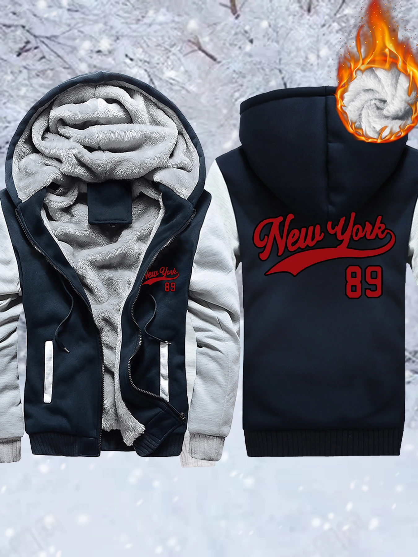 

New York Number 89 Printed Oversized Unisex Fleece Soft Jackets Warm Comfy Streetwear Winter Thicken Veste Zip-Up Pocket Hoodie