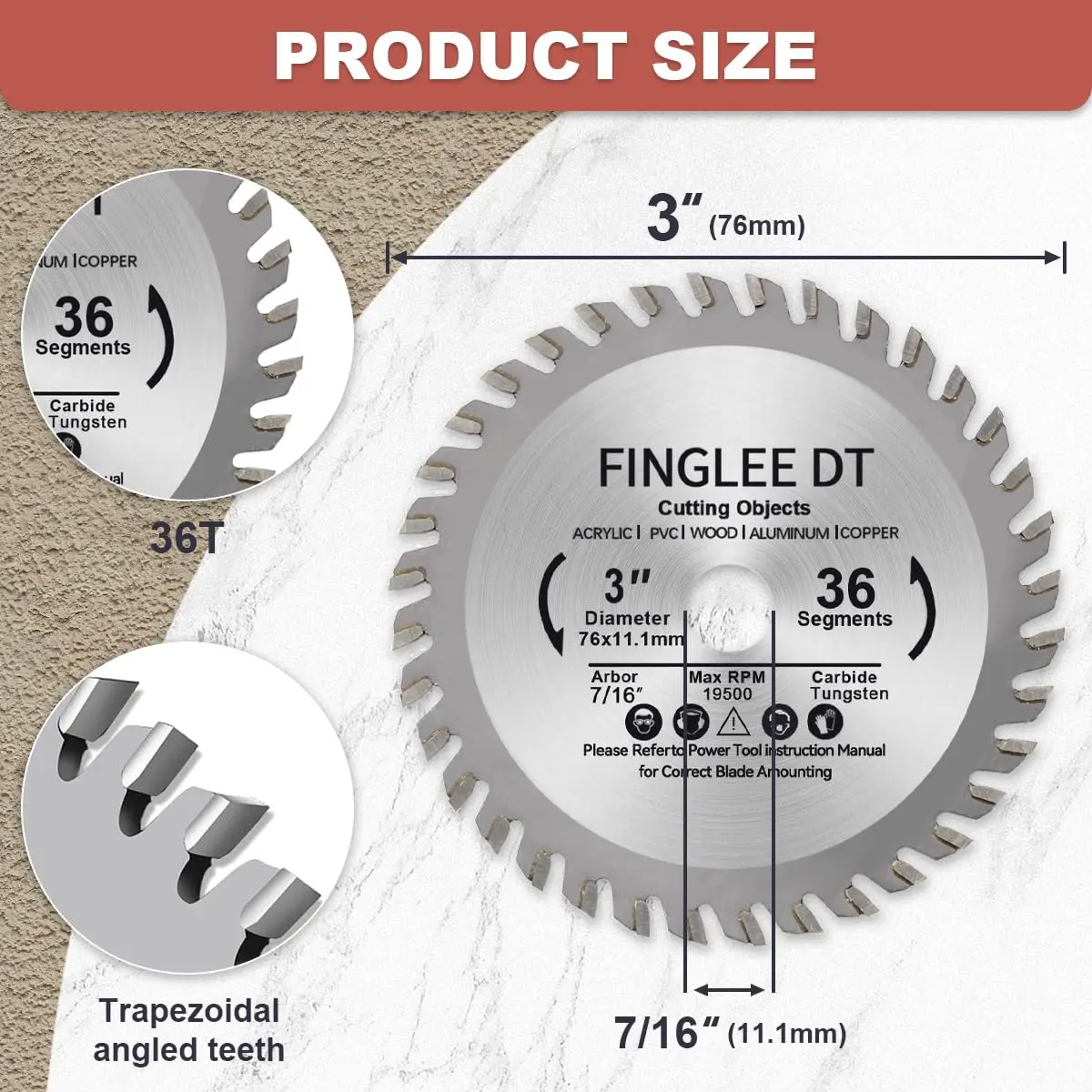 3 Inch TCT Circular Saw Blade 36 Teeth for Wood, Plastic, PCV, Acrylic, Plywood, 7/16'' Arbor, Supplied with 3/8