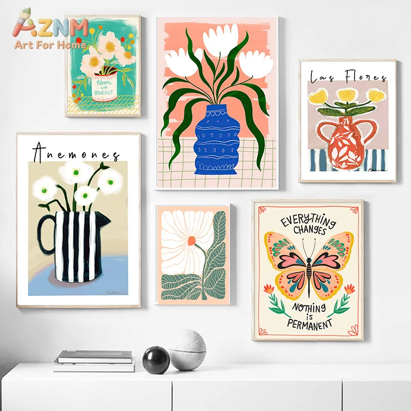 AZNM Boho Floral Canvas Wall Art Abstract Flower Vase Butterfly Inspirational Quote Colorful Hand Drawn Painting Modern Living R