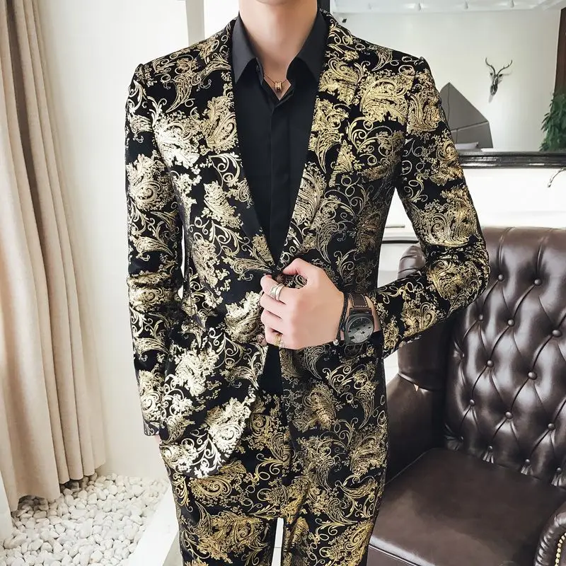 2-A8 Men's Korean Slim Floral Suit, Bronzing Spring Trendy Small Suit, Nightclub Hst's Top Two-piece Set