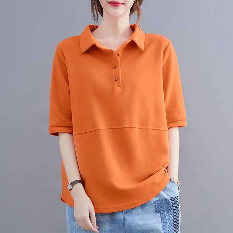 

Fashion Lapel Button Solid Color T-Shirt Women's Clothing 2023 New Oversized Casual All-match Pullovers Korean Tee Shirt