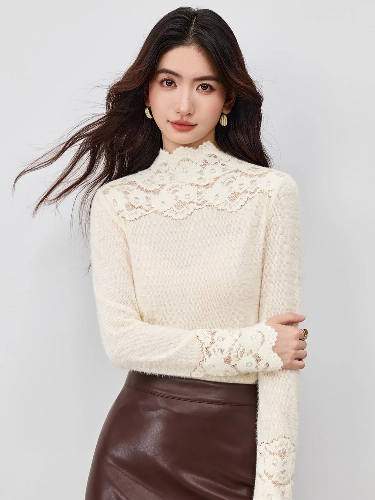 SENTUBILA Damen-Pullover mit eleganter Spitze, 2025, Herbst, solide Oberteile, lässig, Pendeln, Stehkragen, Langarm-Pullover 154SA4036