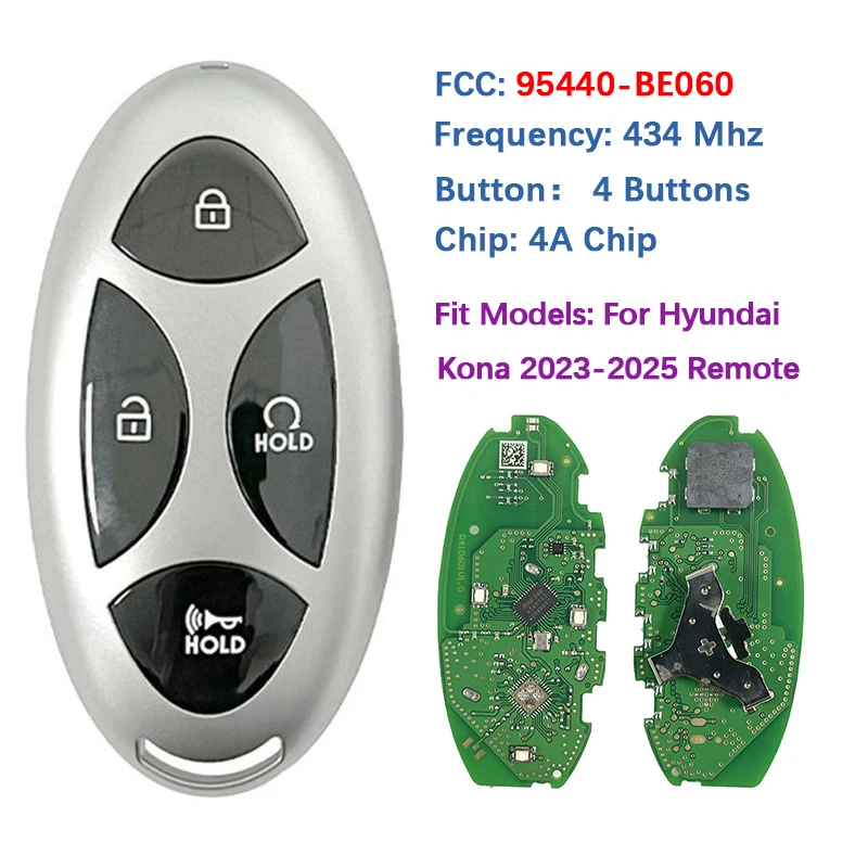 

CN020338 Aftermarket 4 Buttons Smart Key Fob 4A Chip 434Mhz FCC 95440-BE060 TQ8-FOB-4F61M43 For Hyundai Kona 2023-2025