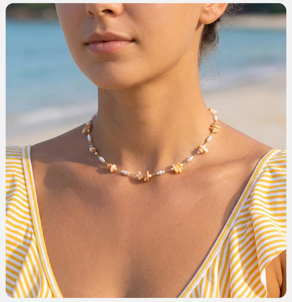 Vnox Boho Unregelmäßige Muschel-Halskette und Fußkette für Frauen, Edelstahl, vergoldet, mit Imitationsperlen, Schlüsselbeinkette, Strand-Schmuck – Detail 3