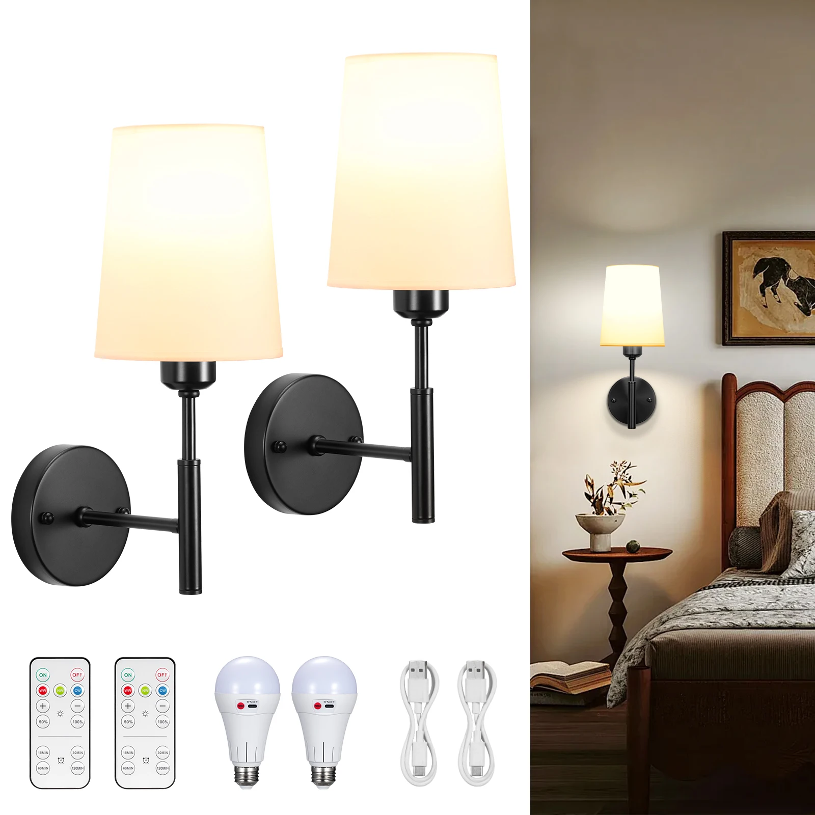 

Nooknova Battery Operated Wall Sconce with Remote Not Wiring Dimmable Rechargeable Battery Wall Sconce Set of 2 for Bedroom