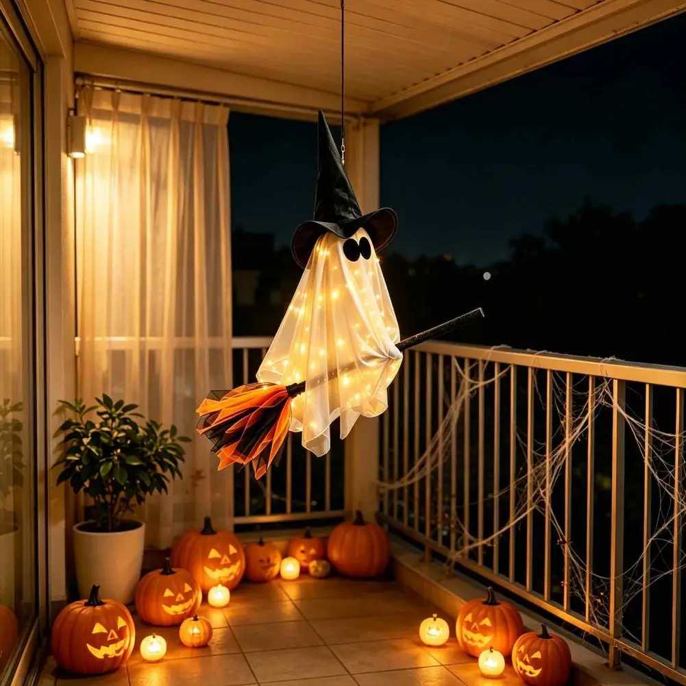 Witch Broomstick Ornament Halloween Flying Ghost Decoration with Witch Broom Hanging Ghost Witch Hat Ornament for Lawn Patio