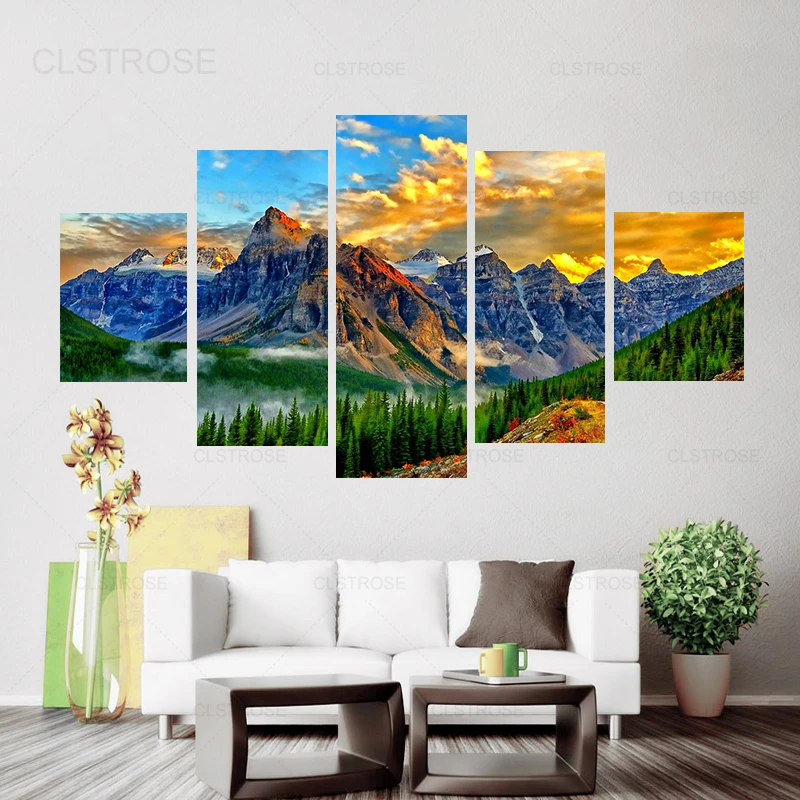 

Mountain Forest Sunset Canvas Paintings 5 Pieces Modular Pictures Natural Scenery Posters On The Wall Home Decor Living Room