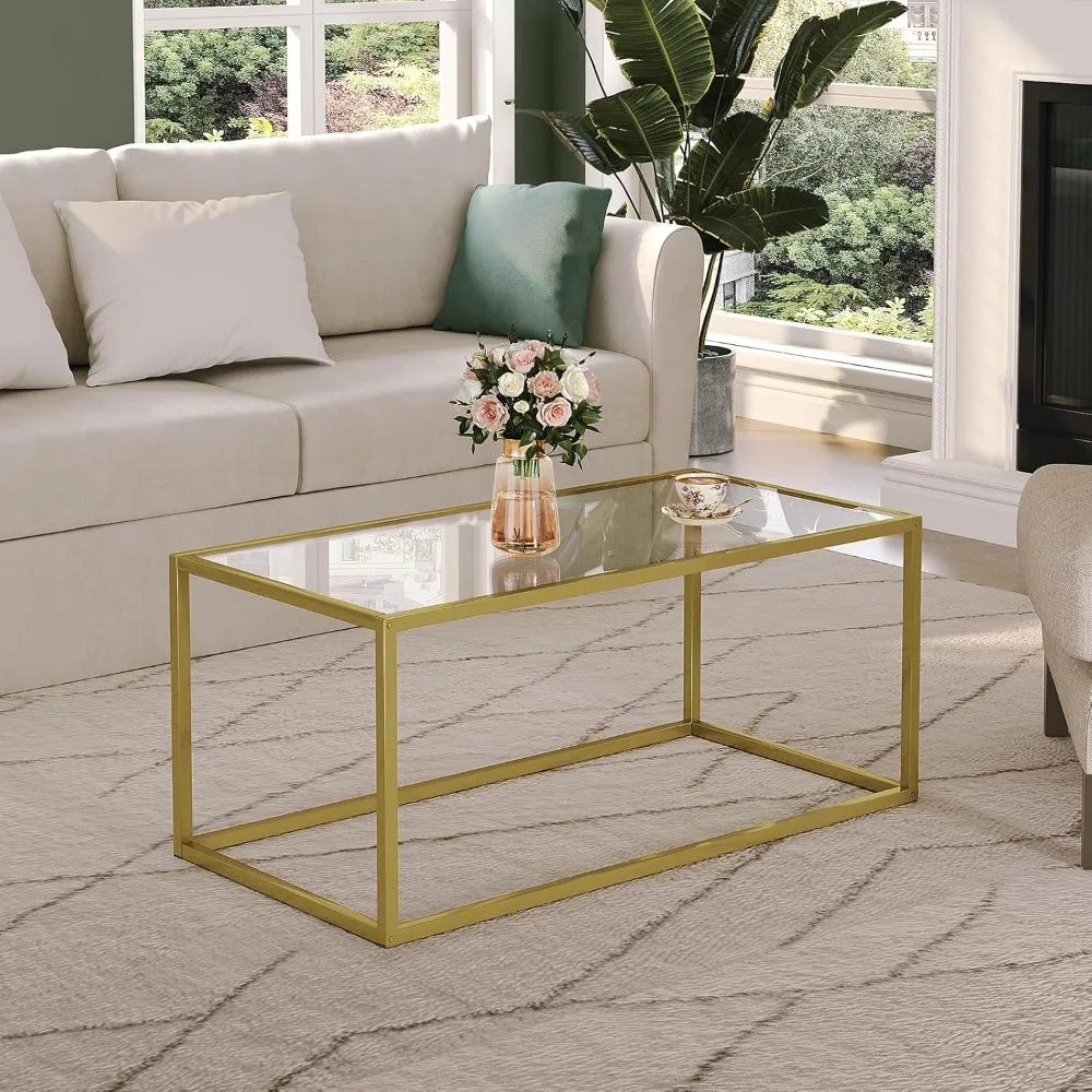 Gold Coffee Table Glass Coffee Tables Modern Rectangular Center Table Simple Minimalist Sofa Table for Living Room Home Office,