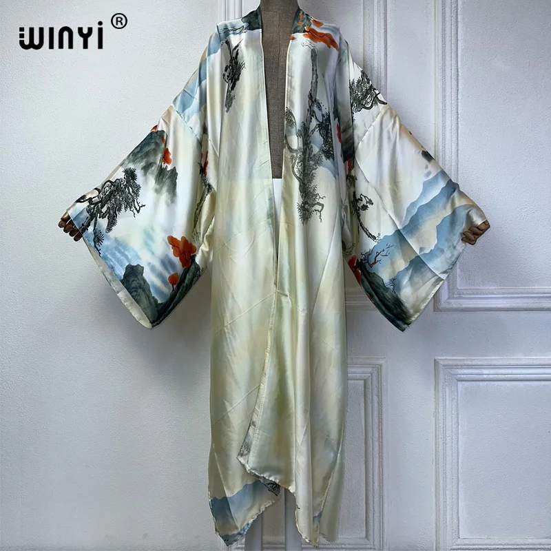 Winyi Zomer Kimono Afrikaanse Boho Print Jurk Strandkleding Elegant Vest Sexy Vakantie Strandoutfits Voor Dames Vestidos Bedekken