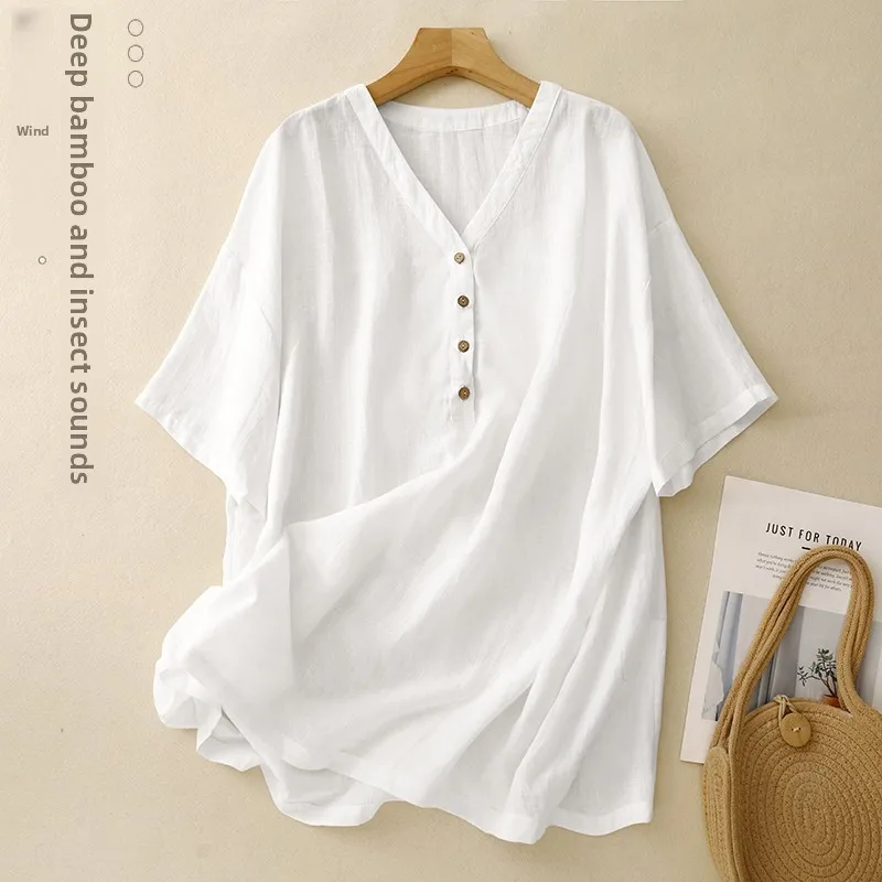 

Женская свободная футболка из хлопка и льна Or Sve Street Sle V-Ne, модный летний топ обычной длины для больших размеров