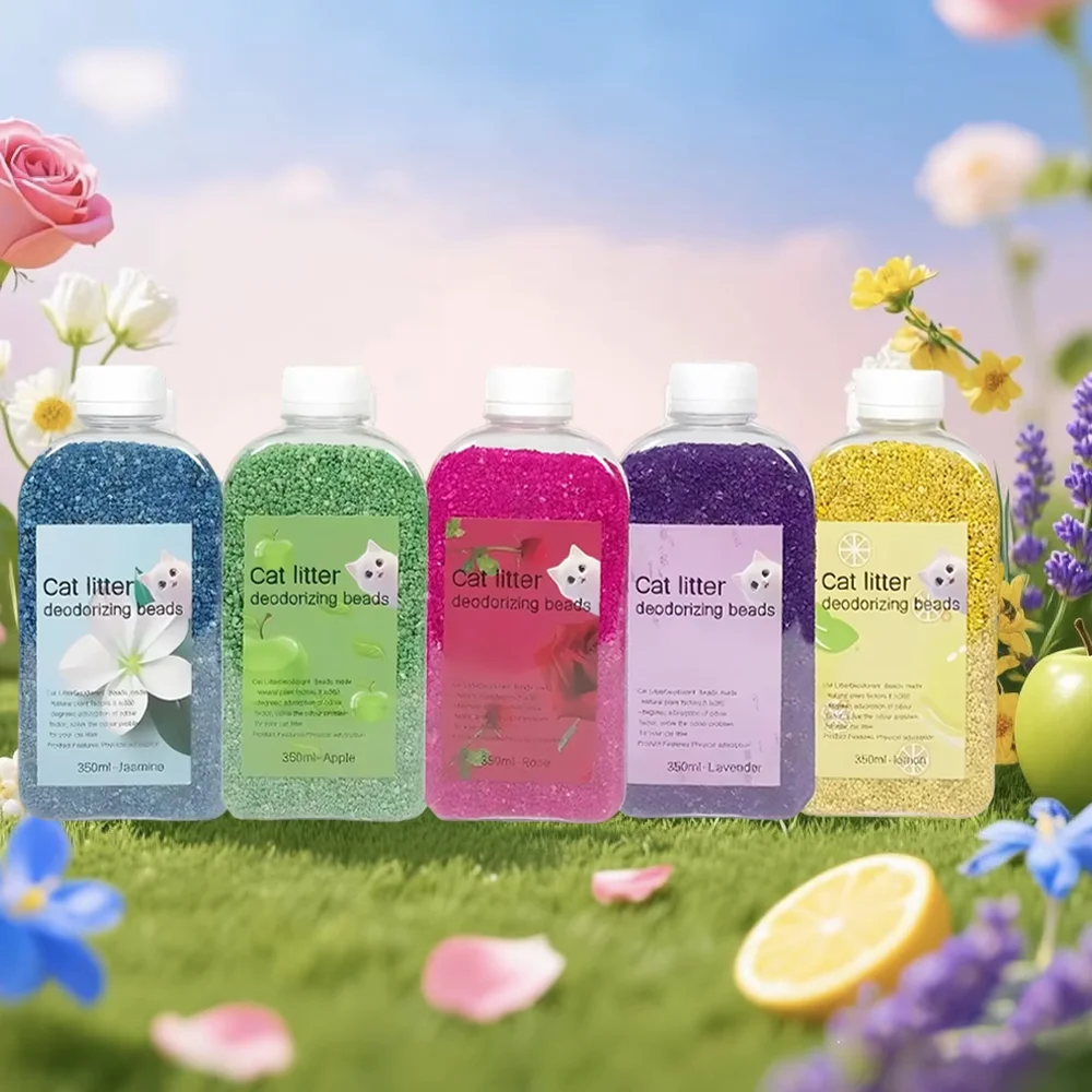 

350ml Cat Litter Box Freshener Beads, 5 Aromas, Activated Carbon Deodorizer Pellets Neutralize Odors & Keep Wood Chip Litter Dry