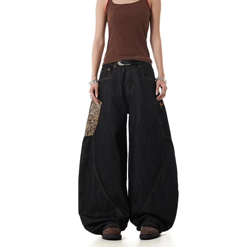 

Летние джинсы со змеиным узором и большими карманами, потертые американские уличные мужские и женские свободные повседневные широкие брюки с изогнутыми ножками