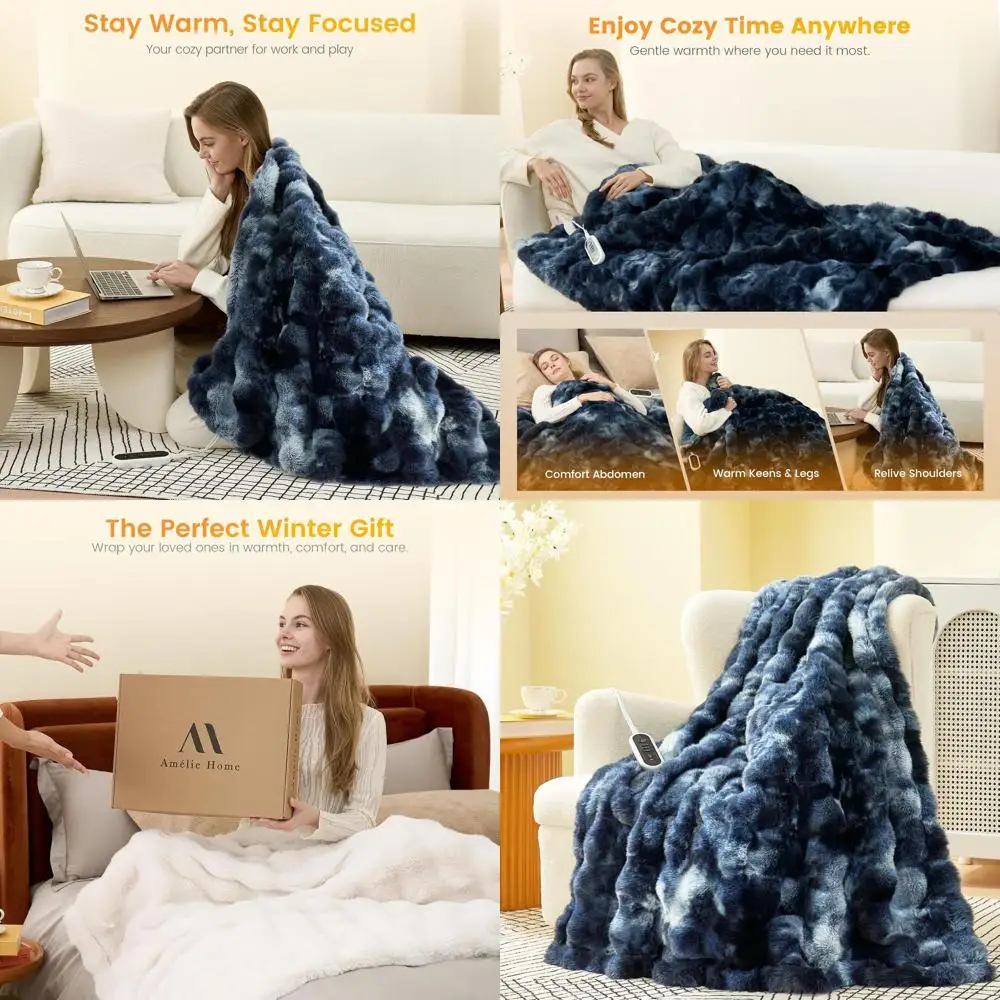 

Electric Bubble Faux Fur Throw Blanket, 50x60, 8 Heat Levels, Auto-Off, Overheat Protection, ETL Certified, Tie-Dye Blue