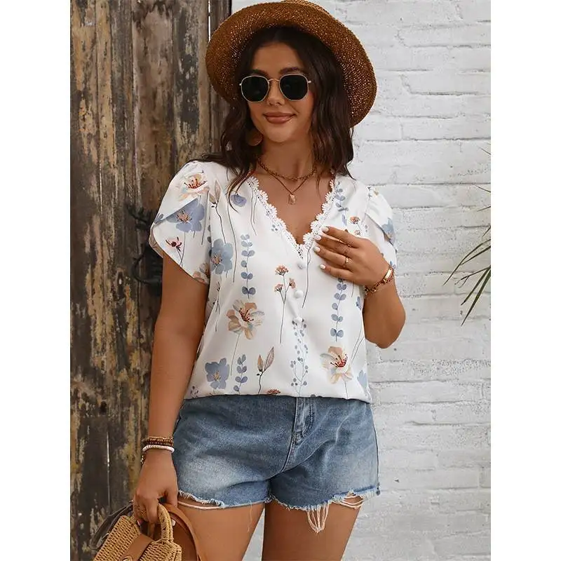 Summer Faion Print Loose Women irt Big Size Ladies Tops Commute Sle Polyester Fiber ort Sve Non-deformable