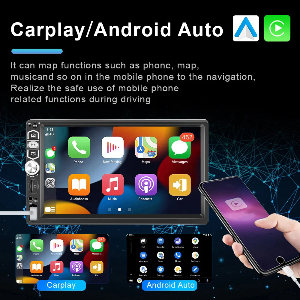 

7inch 1Din Universal CarPlay Android Auto | Support Phone screen mirroring | Bluetooth 5.1 & FM Radio I Multimedia Video Player | Type-C Charging, MirrorLink and AUX