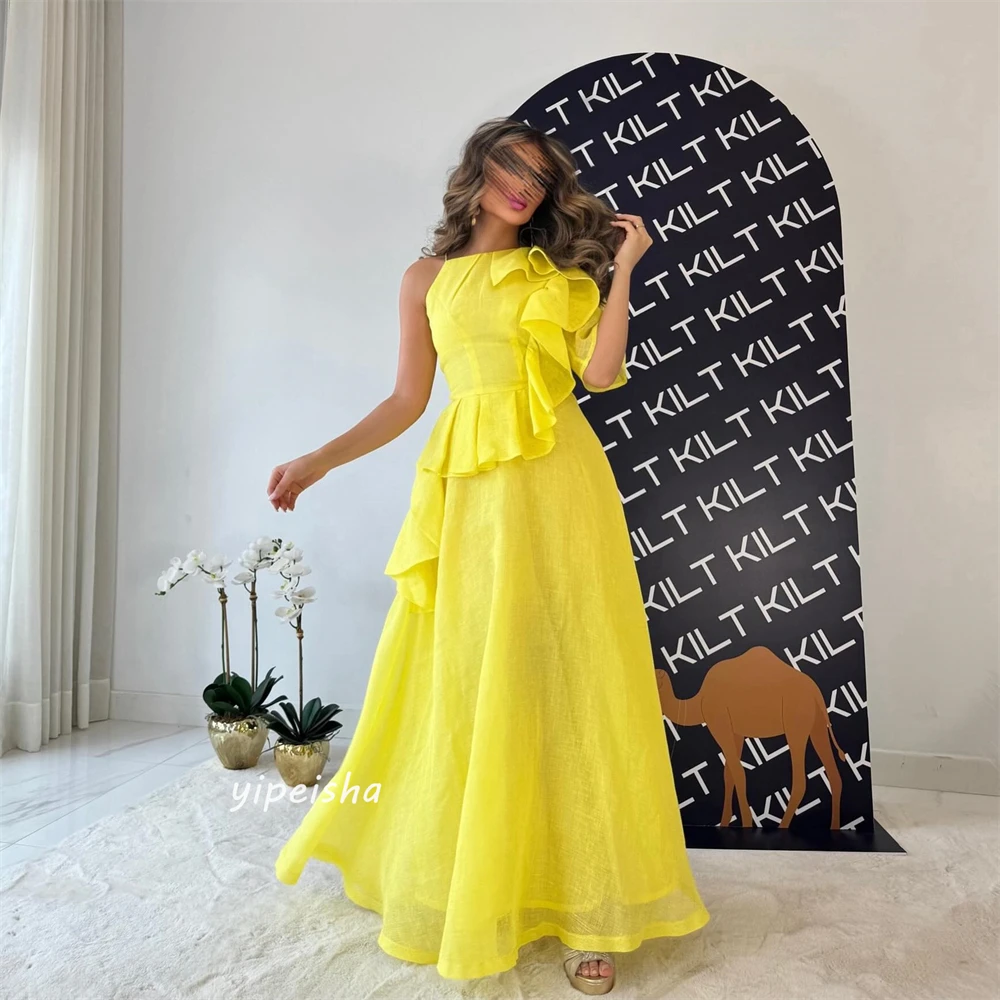 Jiayigong  Satin Ruffles Draped Birthday A-line Jewel Bespoke Occasion Gown Long Sleeve Dresses