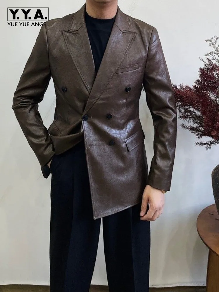 

Winter Men Faux Leather Blazers British Gentleman Lapel Collar Slim Fit Suit Jacket Double Breasted Korean Retro Business Coat