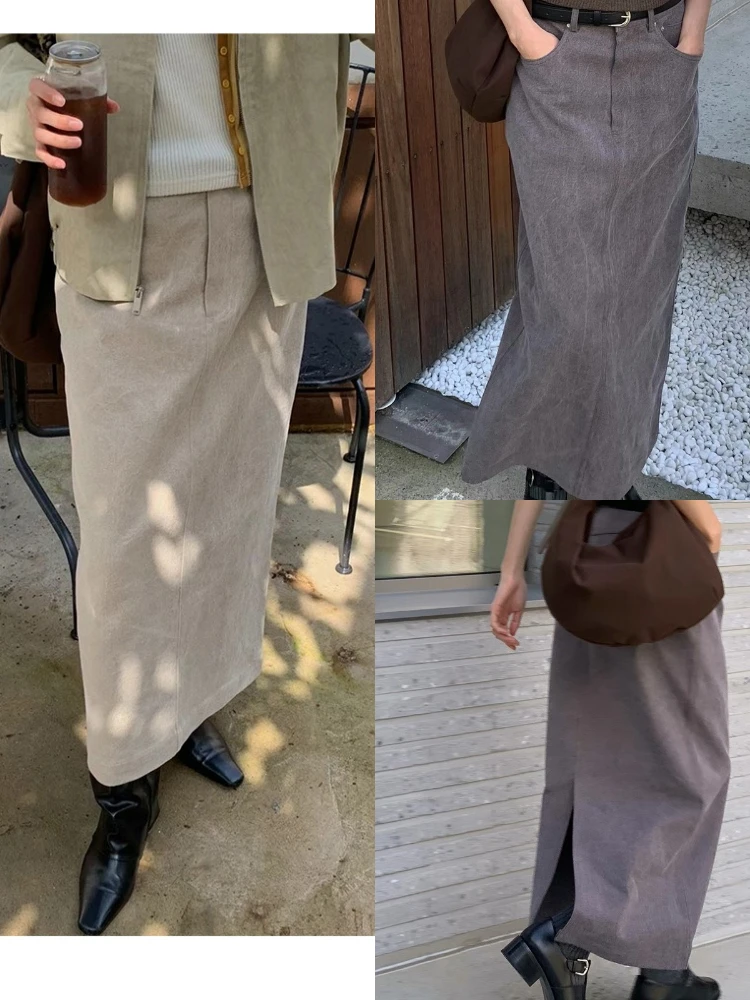 Primavera 2025 feminino cintura alta corte reto saia jeans simples ele alta fenda saia longa commute sle cor pura