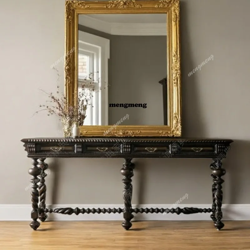 

French solid wood retro entrance cabinet black carved entrance table Roman column desk customization