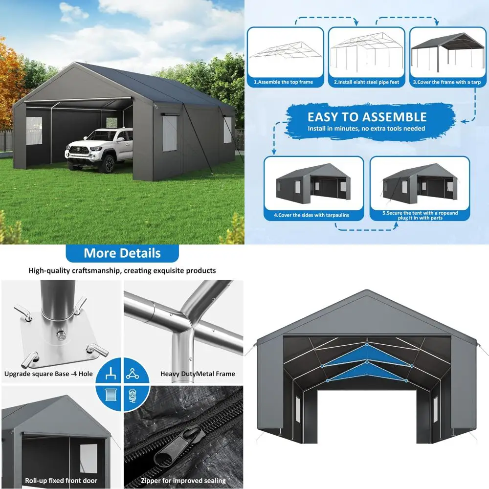 

20x20 Heavy-Duty Outdoor Carport with Side Doors and Roll-Up Windows for Car and Truck Storage