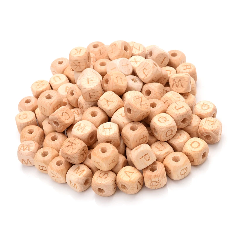 50Pcs 12mm Natural Letter Wood Beads Square Beech Alphabet Loose Spacer Beads For Jewelry Making Pacifier Chian Accessories