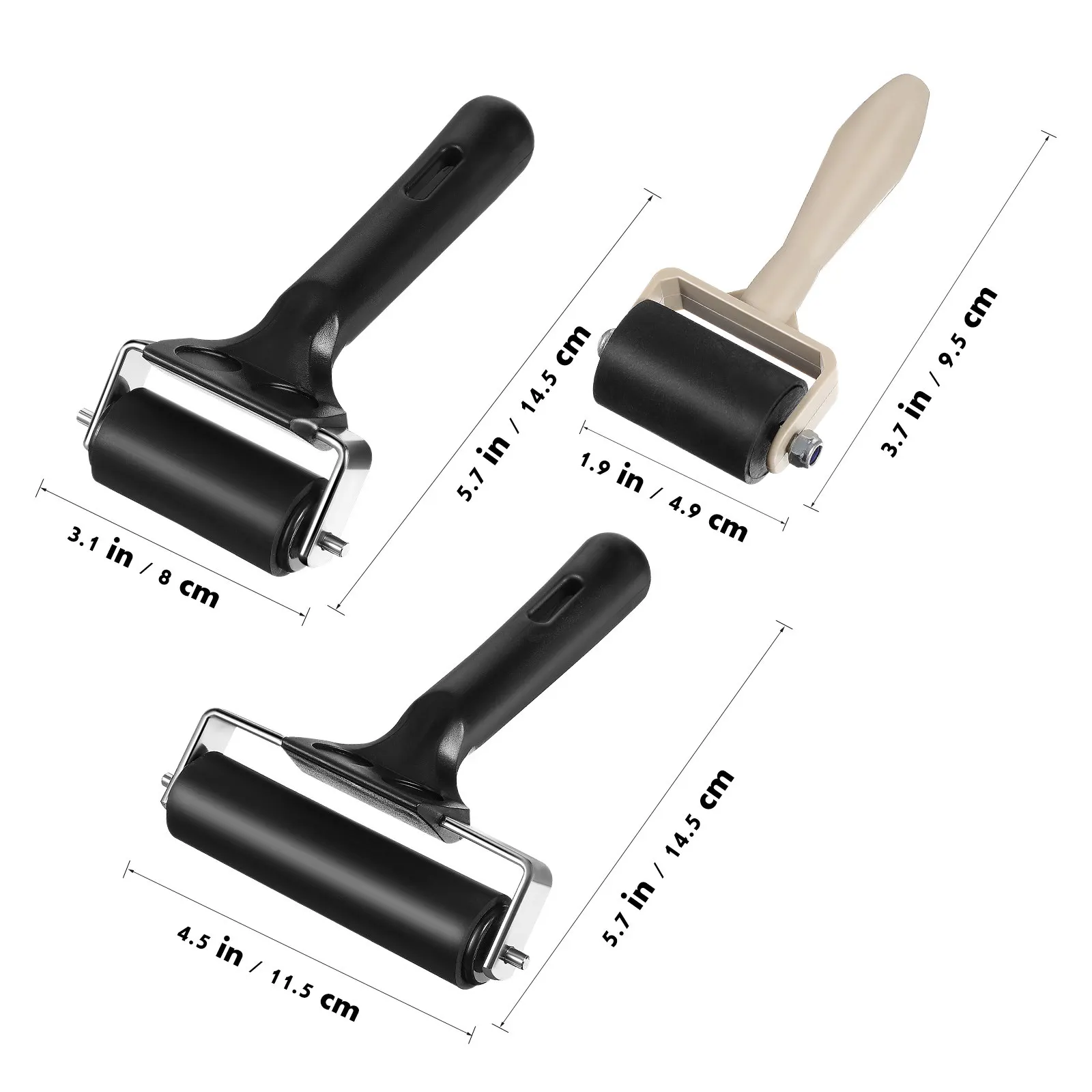 Rubber Ink Rollers for Art Students, Providing Better Control, 3-Piece Assorted-Size Set with Plastic Handles for Printing