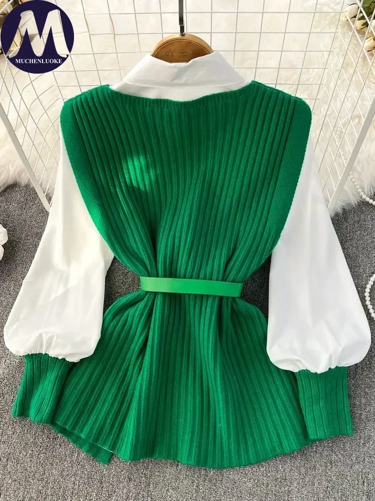 Camicia e camicetta con risvolto a maniche lunghe Camicia bianca Top alla moda Cintura con scollo a V Gilet lavorato a maglia, Casual, Primavera, Autunno Nuovo, Set da 2 pezzi
