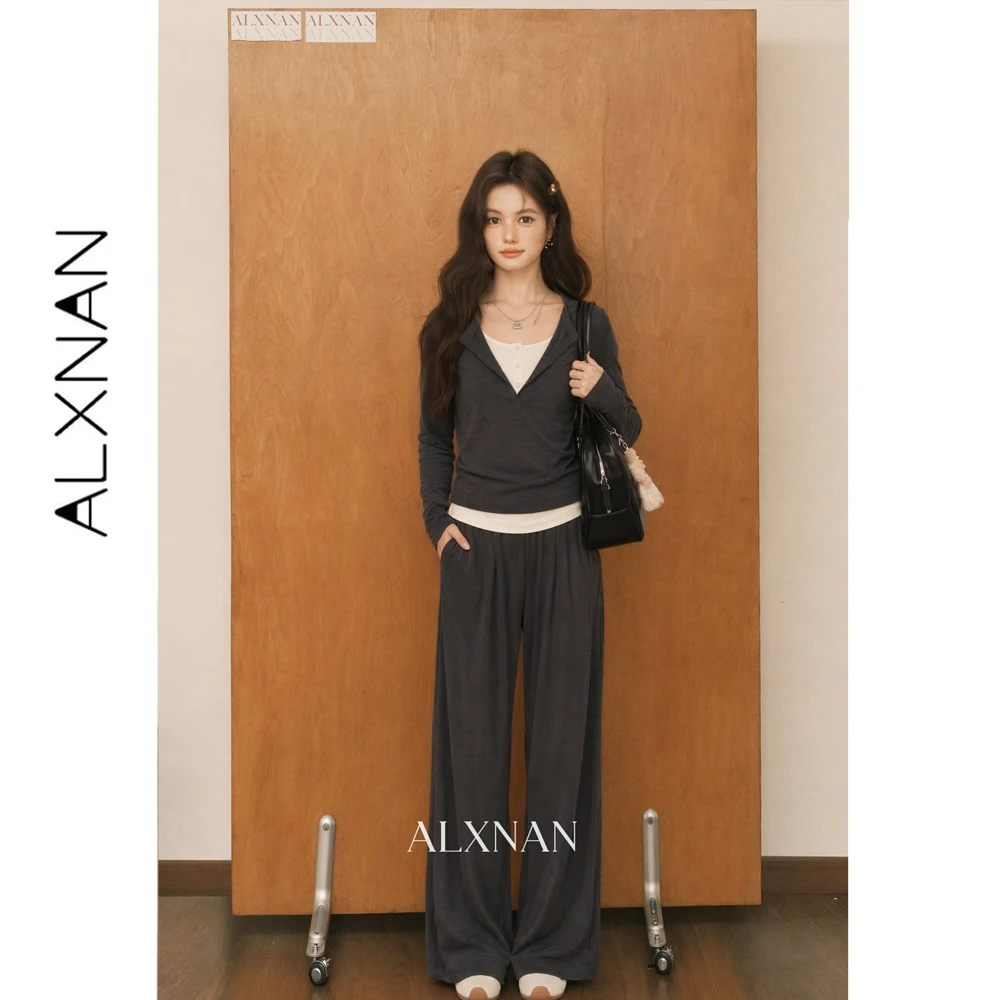 ALXNAN Grey Black T-shirt for Women Autumn Color Block Fake Two-Piece Long Sleeve Tees 2026 Slim-fit Female Top L680117A